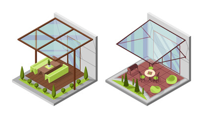 Set of inner courtyard isometric compositions with patio. Houses with a private terrace and transparent glass cover. Covered verandas for table place. Modern architecture - obrazy, fototapety, plakaty