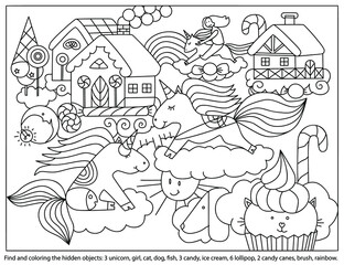 Find and coloring the hidden objects.  Unicorns in sky. Colouring page with sweet home, lollipops and candy city on clouds. Worksheet for kids.