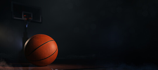 Sport concept. Basketball. Basketball with basket and black background. Empty space. Regular season or Playoffs game concept. 3D rendering.