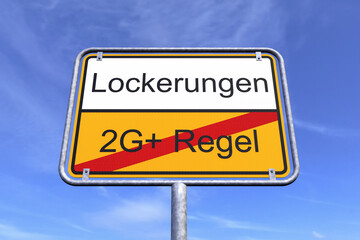 Obraz premium 3d Illustation - Ortsschild - Ortstafel - 2G Plus Regel - Lockerungen - Himmel - Wolken