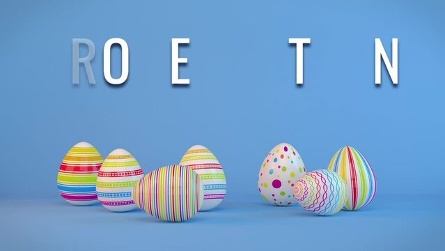 7 farbenfrohe, bemalte Ostereier auf blauen Hintergrund - Frohe Ostern - Oster