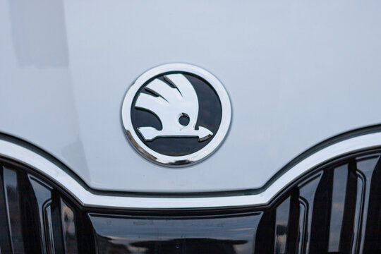 Close up photo of modern and clean car, detail of skoda logo. Bucharest, Romania, 2020.
