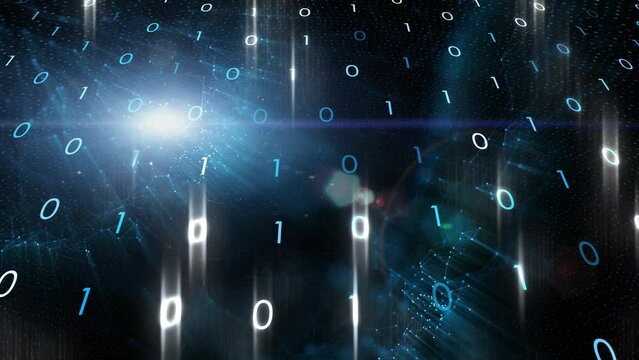 Glow shiny binary numbers cyberspace tech network animation on dark background.