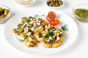 Cauliflower steak with spices, chimichurri sauce, almond flakes, olives, fried cherry tomatoes and capers on a white plate. Vegetarian food.