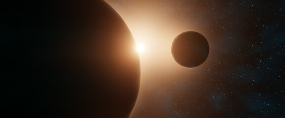 Close-up view of two planets in the space with a sun appearing from behind in the distance. Fantasy and science fiction scene. 3D Rendering © Martín Férriz