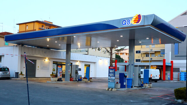 Italy &ndash; March 16, 2022: Q8 Gas Station sign. Kuwait Petroleum International