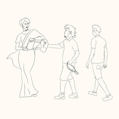 Boy hampering, a girl in public place line arts