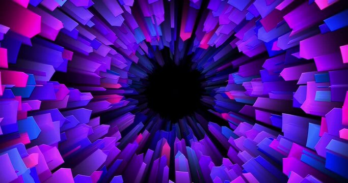 Abstract animation with a spinning, shifting tunnel of crystal-like bars that radiate inward