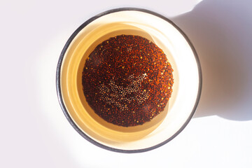 Microgreens seeds soaked in water. Preparation of seeds for germination at home.