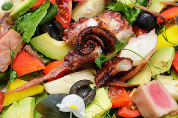 Salad with octopus, tuna and vegetables, on a dark background