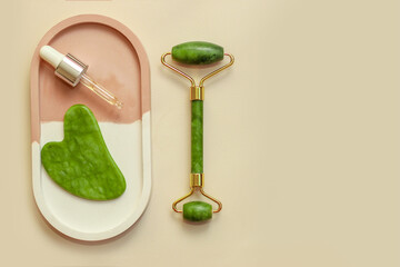 Facial Massage Jade Gouache Scraper with Facial Serum in Gypsum Marble Decorative Stand.
