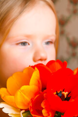 Fototapeta premium Little blonde girl with a bouquet of red and yellow tulip flowers. 