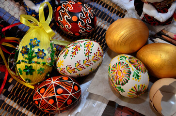 Easter eggs in many different colors .Spring, handmade painted Easter eggs