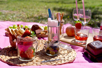 Panoramic side view of bohemian picnic outdoor in the park. Horizontal cropped image of variety of snack food set with pink blanket background. Gastronomy and food concept.