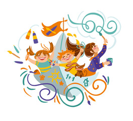 Children draw an imaginary world. Art school, painting party, nursery school, painting activity, vector illustration.