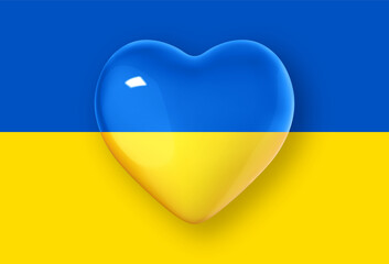 Vector heart shaped badge with the national flag of Ukraine. Love Ukraine symbol. 3D heart flag icon isolated on background of the flag of Ukraine