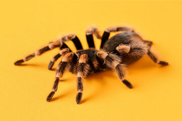 Scary tarantula spider on orange background
