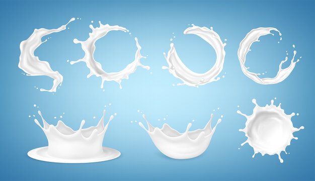 Big set of milk splashes isolated on blue background. Vector illustration