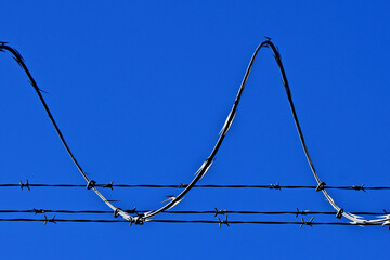 Razor wire in sinusoidal shape with barbed wire as horizontal  strands  - obrazy, fototapety, plakaty