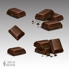 Realistic dark chocolate slices set with broken crumbs, sweet dessert, 3d vector illustration