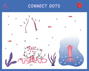 Dot to dot game. Educational number puzzle for kids. Animals of underwater. Squid in cartoon style. Isolated cute character