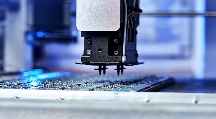 Machine (robot) for the production of computer boards. Electronic chips. Robotic High precision equipment. Microchip Production, Nano computer Technology and manufacturing technological process