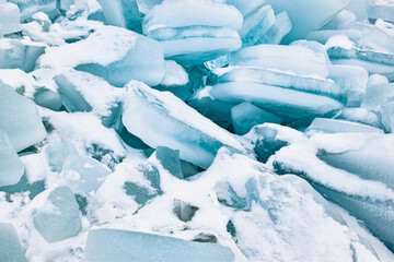Blue ice background. A pile of ice