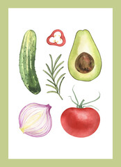 Eco food set menu banner. Watercolor hand drawn vegetables, cucumber, salad, tomato, pepper, organic, avocado, leaves, onion. Isolated elements. For restaurant, kitchen, textile, fabric.