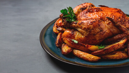 Fried whole chicken, with potatoes, on a gray background, no people.