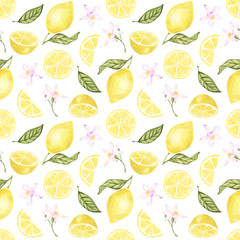watercolor lemon seamless pattern. hand drawn on white background. Botanical illustration yellow citrus fruits, flowers, green leaves. For food packaging design. kitchen textile, fabrics, tableware.