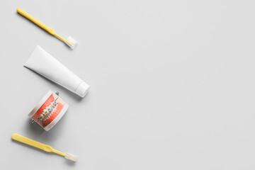 Model of jaw with dental braces, tooth brushes and paste on light background