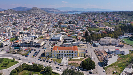 Aerial drone photo of historic main town of Salamina island as seen from above, Saronic gulf, Greece