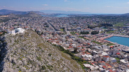 Aerial drone photo of historic main town of Salamina island as seen from above, Saronic gulf, Greece