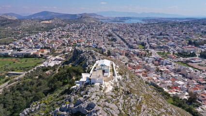 Aerial drone photo of historic main town of Salamina island as seen from above, Saronic gulf, Greece