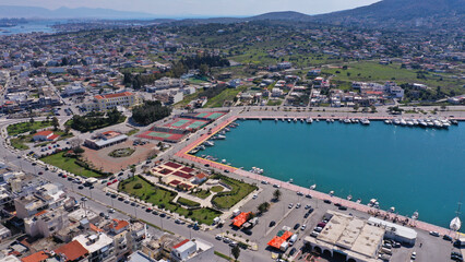 Aerial drone photo of historic main town of Salamina island as seen from above, Saronic gulf, Greece