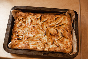 Close up selective focus bakery. Apple pie baking in oven. Tasty summer dessert for children. Traditional American apple pie with  fruits slices.