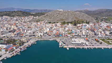 Aerial drone photo of historic main town of Salamina island as seen from above, Saronic gulf, Greece
