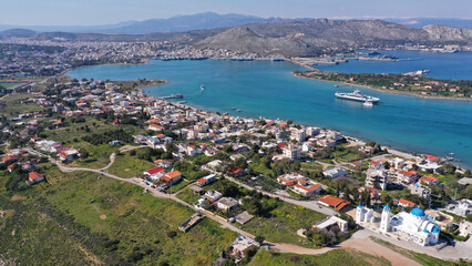 Aerial drone photo of small island of Agios Georgios next to Ferry port of Paloukia, Salamina island, Attica, Greece