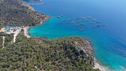 Fototapeta na wymiar Aerial drone photo of small fish farming unit in calm sea of Salamina island, Saronic Gulf, Greece