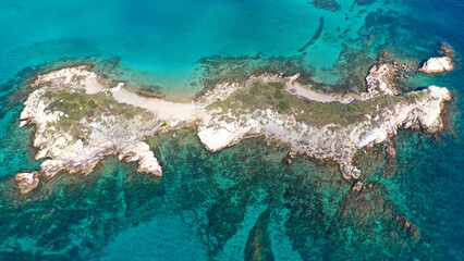 Aerial drone photo of small paradise tropical exotic islands covered in limestone with turquoise crystal clear sea