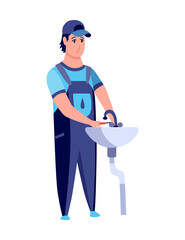 Plumber. Professional plumbing work service. Cartoon handymen repairing washbasin with tool. Repair service and maintenance concept. Water service installing and supply