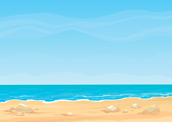 Seaside or tropical landscape. Beautiful sea shore beach. Coast in good sunny day. Cartoon summer beach with blue sky. Paradise relax on vacation