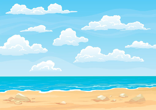 Seaside or tropical landscape. Beautiful sea shore beach. Coast in good sunny day. Cartoon summer beach with blue sky. Paradise relax on vacation