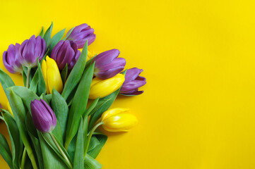Fresh spring bouquet of tulips on a yellow background. Top view, selective focus. copy space for text