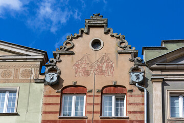 Fototapeta na wymiar Decorative bas-relief on the facade of a historic building in the city center, Gdansk, Poland