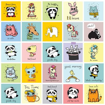 Vector set of cute happy animal faces for kid's interiors, banners and posters.