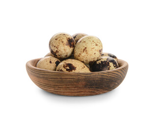 Bowl with fresh quail eggs on white background