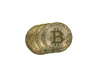 Close up shot of Bitcoin coins isolated on white background