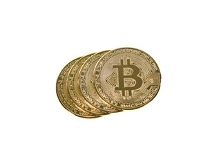 Close up shot of Bitcoin coins isolated on white background