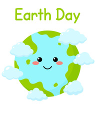 Happy Earth day card with clouds. World Earth Day. Cartoon Earth illustration. Template poster, banner, postcard.